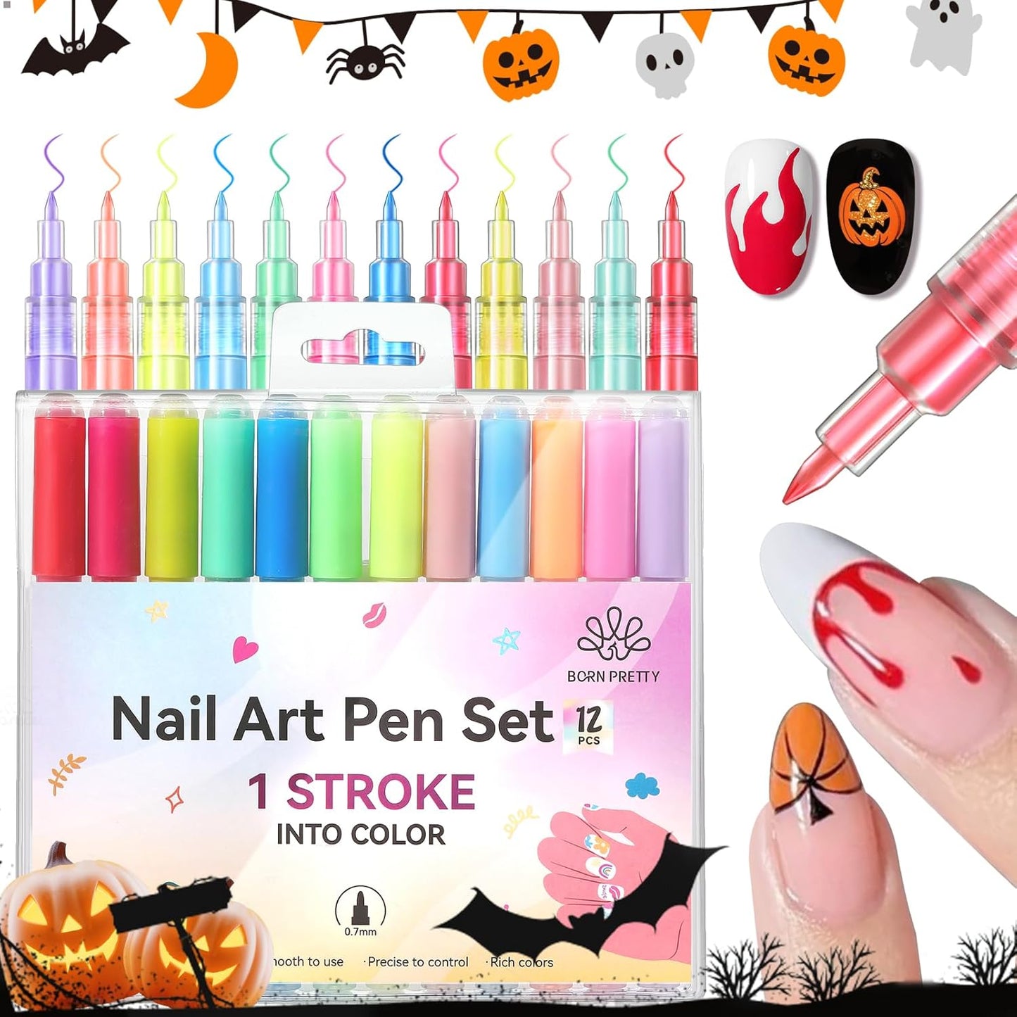 BORN PRETTY Nail Art Pens Set 12 Colors - Halloween Neon Colors 3D Nail Polish Acrylic Paint Pens Quick Dry Nail Markers for Halloween Nail Art Drawing Painting Dotting Liner Pen DIY Manicure Tools-BrightBean Baby