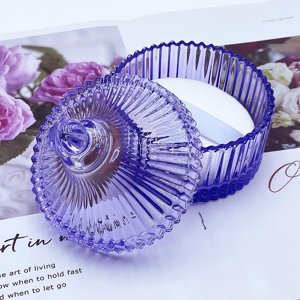 Ultra Soft Powder Puff and Container 3.3" High Density Velvet Dusting Washable Reusable Powder Puff,Body Powder Puff and Glass Jar Holder Loose Powder Box with Puff for Face Makeup(Purple)-BrightBean Baby