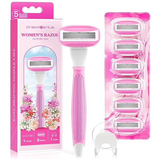 DreamGenius Razors for Women Include 1 Non-Slip Handles and 7 Blade Refills with a Shower Holder, 5 Premium Blades Women's Razors for Shaving with 360° Lubrication Reduces Irritation, Pink-BrightBean Baby