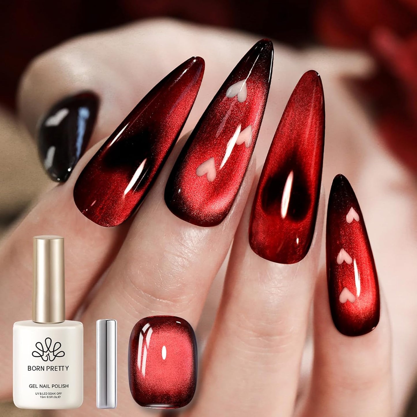 Born Pretty Red Cat Magnetic Gel Nail Polish, Black Red Glass Gel Polish Halloween Cat Magnetic Nail Polish Nail Art Manicure Salon DIY at Home 15ML-BrightBean Baby