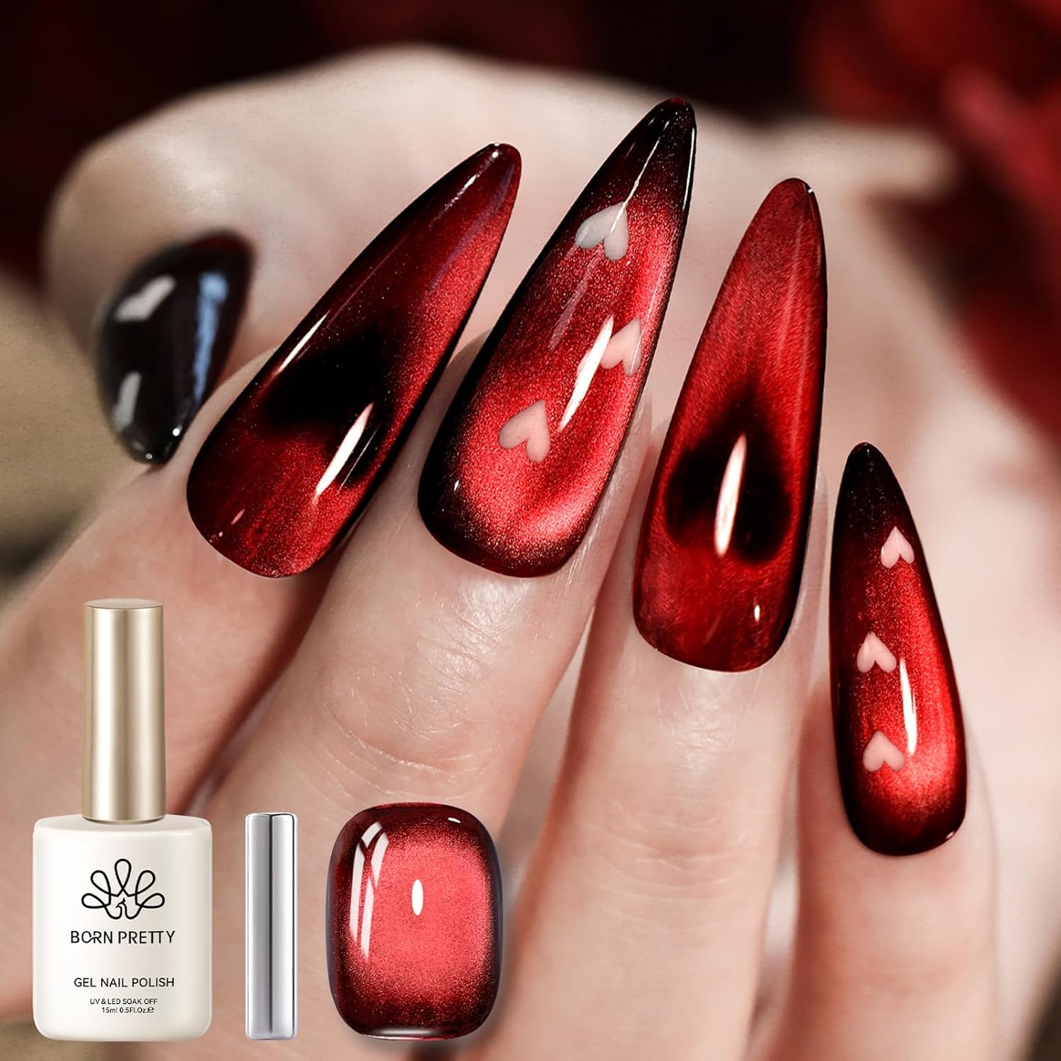Born Pretty Red Cat Magnetic Gel Nail Polish, Black Red Glass Gel Polish Halloween Cat Magnetic Nail Polish Nail Art Manicure Salon DIY at Home 15ML-BrightBean Baby