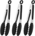 Mini Tongs with Silicone Tips 7-Inch Kitchen Tongs, Set of 3 (Black)