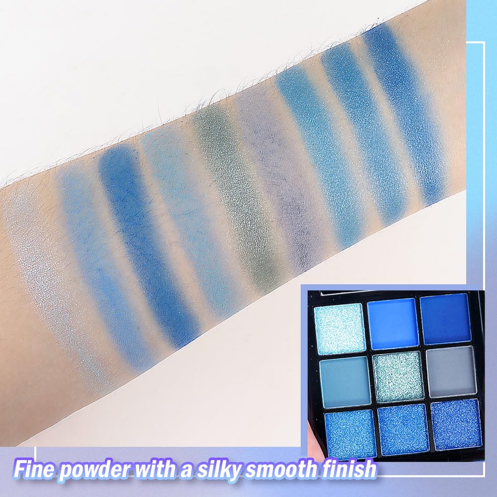 9 Colors Blue Smoky Matte Shimmer Eyeshadow Palette with Mirror for Eye Makeup,High Pigmented Eye Shadow Primers Powder Palet de sombras de ojos-BrightBean Baby