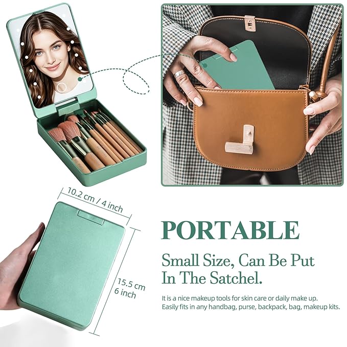 BS-MALL Travel Makeup Brush Set Foundation Powder Concealers Eye Shadows Makeup Set with LED light Mirror 14 Pcs (Green)-BrightBean Baby