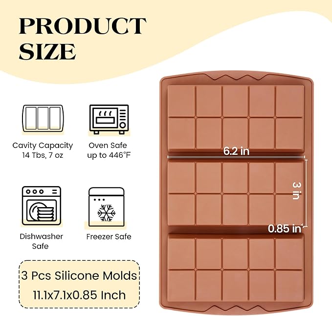 3 Pcs Dubai Chocolate Bar Mold Deep Silicone 0.85 Inch Large Stuffed Chocolate Molds Nonstick Break Apart Square Shape Thick Candy Bar Molds