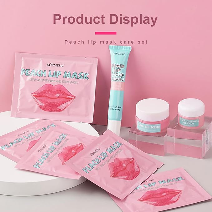 4 In 1 Peach Lip Care Kit With Lip Exfoliator Scrub And Moisturizer, Peach Scrub Bubble, Hydrating Lip Mask, Lip Scrubs Gentle Exfoliating, Instant Moisturizing, Lip Balm Hydrating For Very Dry Lips-BrightBean Baby