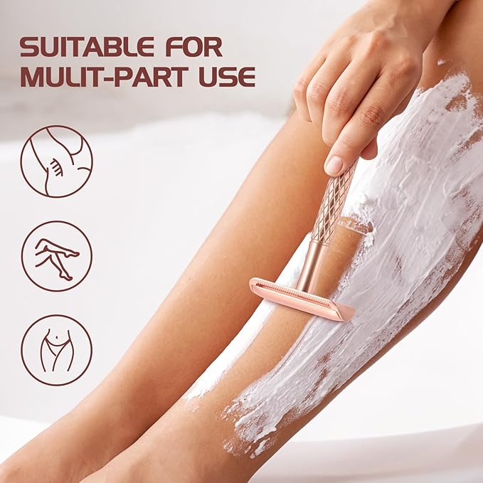 Double Edge Safety Razor for Women with Silicone Cover & 10 Blades for Travel Metal Eco-Friendly Reusable Single Blade Razor for Shaving (Rose Gold)-BrightBean Baby