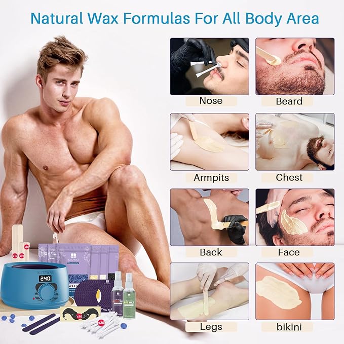 BLITZWAX Back and Nose Waxing Kit for Men, Hard Wax Warmer for Brazilian, Body and Face, At Home Hair Removal Kit, Beginner Friendly, Quick Heating, 93 Accessories, Royal Blue-BrightBean Baby