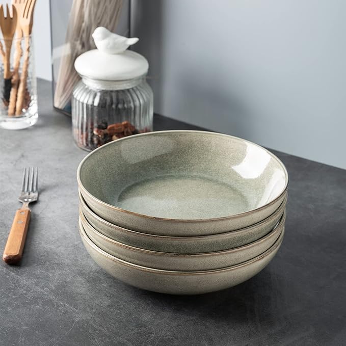 AmorArc 8.5'' Large Pasta Bowls, 36oz Stoneware Wide Serving Bowls Set of 4 for Kitchen for Salad,Fruit,Oatmeal, Microwave Safe, Reactive Glaze