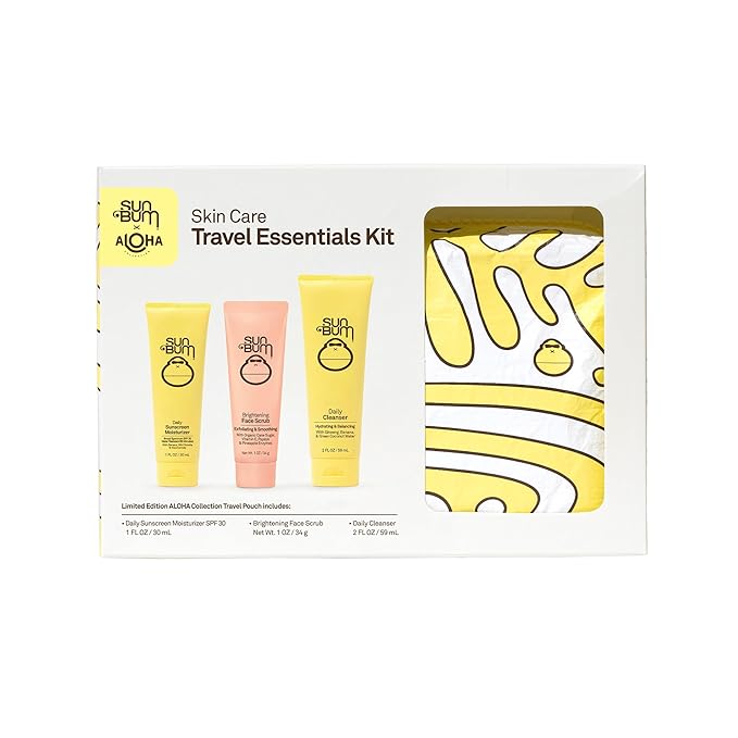 Sun Bum Skin Care Travel Essentials Kit | Cleanse, Brighten, Moisturize, Protect with Daily Cleanser, Brightening Face Scrub, and Daily Sunscreen Moisturizer | Includes Aloha Collection Travel Pouch-BrightBean Baby