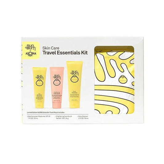 Sun Bum Skin Care Travel Essentials Kit | Cleanse, Brighten, Moisturize, Protect with Daily Cleanser, Brightening Face Scrub, and Daily Sunscreen Moisturizer | Includes Aloha Collection Travel Pouch-BrightBean Baby