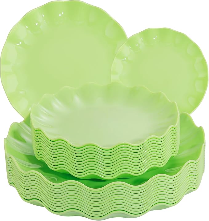 LIYH 24 Pcs Green Plastic Plates Reusable - Unbreakable Dinner Plates Scalloped Dessert Plate Microwave & Dishwasher Safe Plate Sets Perfect for Parties Birthday Picnics (12Guests)