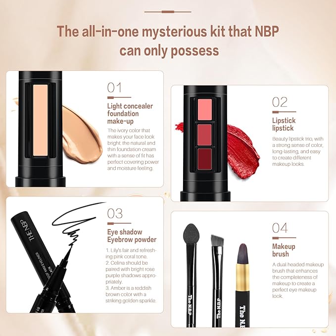 Portable Professional Makeup Kit,Mini Professional Makeup Kit Eyeshadow Palette Lip Gloss Concealer,Lipstick shape and size,7 Color-BrightBean Baby