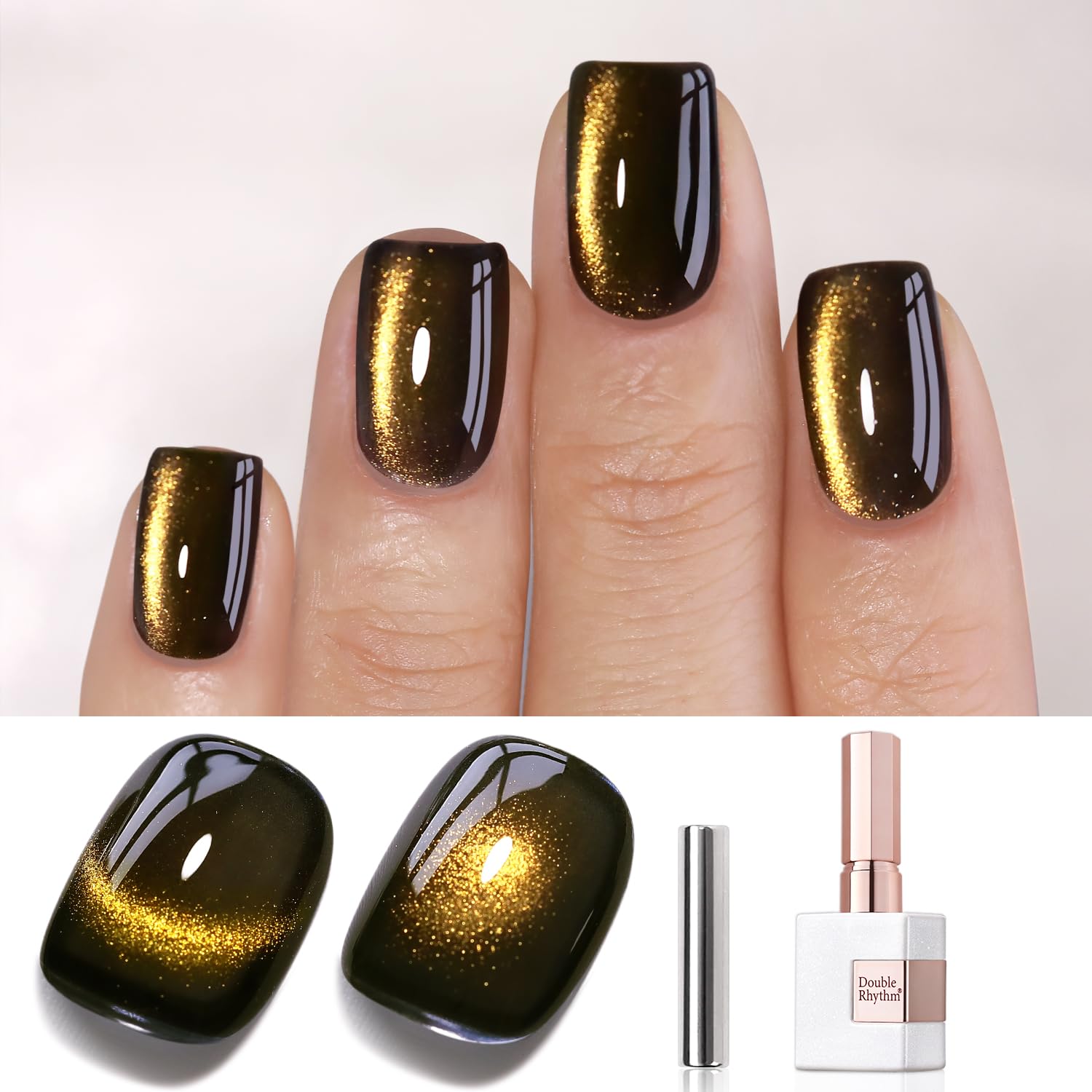 Double Rhythm Cat Eye Gel Polish with Magnet 15ML Glass Holographic Glitter Shimmer Translucent Sheer Color Salon Soak Off Magnetic at Home (Black Gold-MC1146)-BrightBean Baby