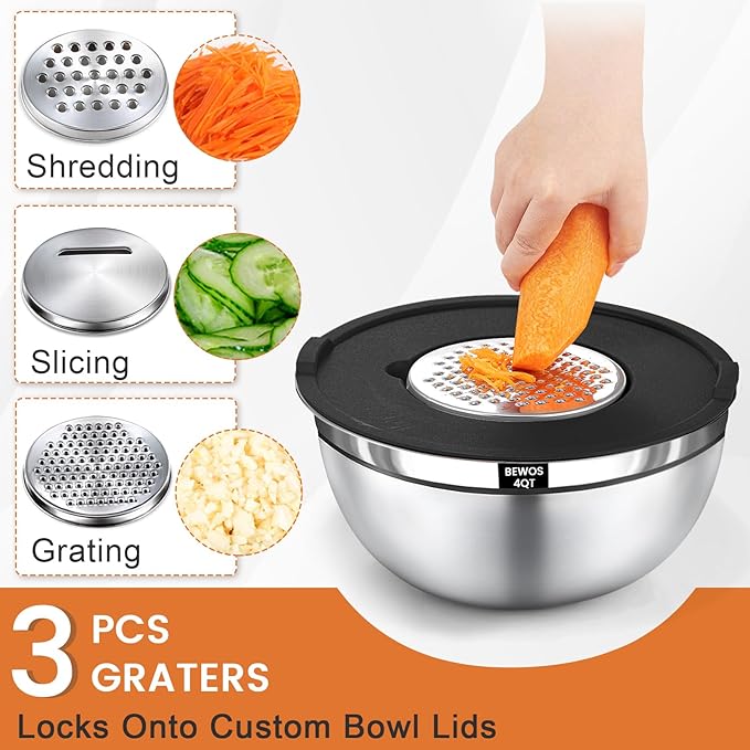 BEWOS 21 Pcs Mixing Bowls with Airtight Lids - 7 Stainless Steel Bowls, 3 Graters, 11 Practical Kitchen Accessories, Dishwasher Safe, Ideal for Baking, Meal Prep & On-the-Go, Easy to Store