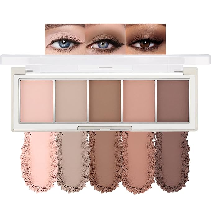 Erinde 5 Colors Matte Eyeshadow Palette Makeup, Neutral Nude Brown Light Brown Cool-Toned Taupe Eye Shadow, Long Wearing Waterproof Everyday Eye Makeup for Brown Eyes, 02-BrightBean Baby
