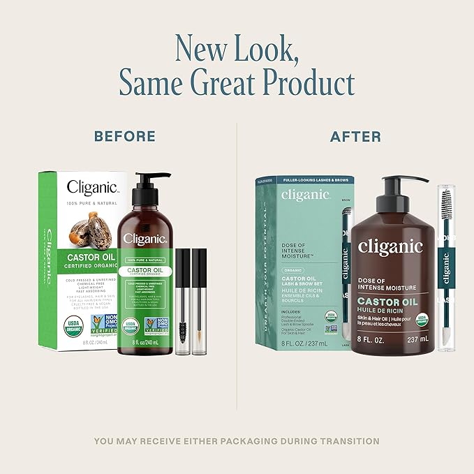 Cliganic Organic Castor Oil, 100% Pure (8oz with Eyelash Kit) - For Eyelashes, Eyebrows, Hair & Skin | Natural Cold Pressed Unrefined Hexane-Free (Packaging May Vary)-BrightBean Baby