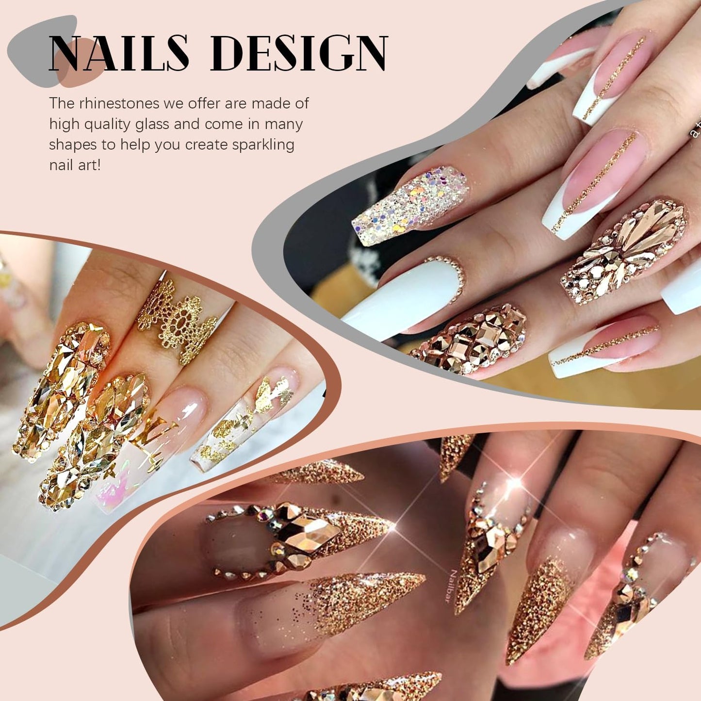 2060Pcs Mineral Gold Glass Nail Rhinestones 60Pcs Multi Shapes Flatback Nail Gems + 2000Pcs 1.5-4mm Round Crystal with Rhinestones Glue Gel, Manicure Nail Charms Diamond Gemstones for Nail Art-BrightBean Baby