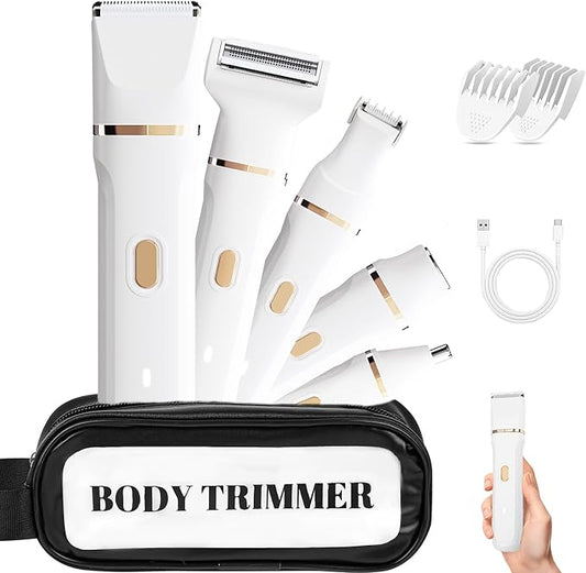 Bikini Trimmer for Women, 5-in-1 Waterproof Electric Razors for Women, Rechargeable Pubic Hair Trimmer, Electric Shaver with Travel Pouch, Body Shaver for Private Area Underarm Leg Face Nose, White-BrightBean Baby