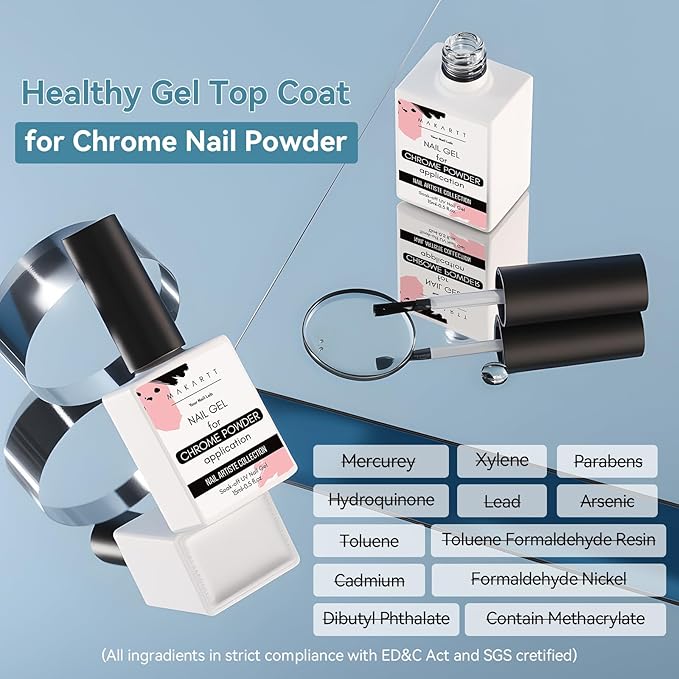 Makartt Gel Top Coat for Chrome Nail Powder - 2 Pcs 15ml Clear No Wipe High Gloss Top Coat Gel Nail Polish Mirror Shine Long Lasting Easy Application, Soak off UV Lamp, DIY Home Salon Art Design-BrightBean Baby