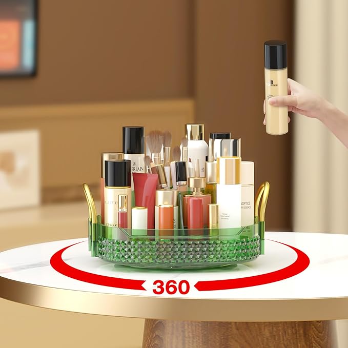 Awenia Rotating Makeup Organizer 360, Stackable Adjustable Large Capacity Cosmetic Storage Unit,Dresser Bathroom Kitchen Countertop Organizer with Metal Handle, Plus Size (Gem Green, 1 Tier)-BrightBean Baby