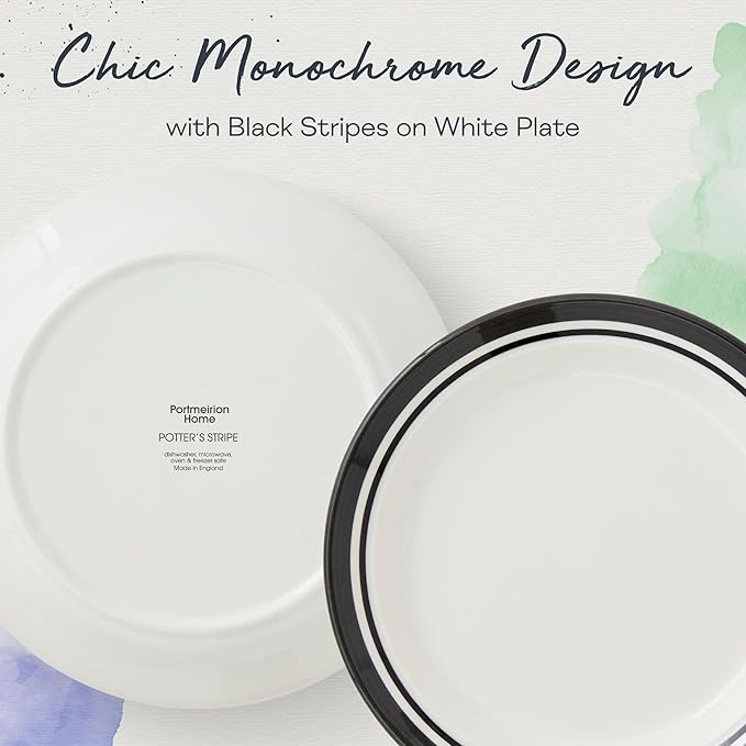 Portmeirion Potter's Striped Dinner Plate (Set of 4) - 8-Inch Stackable Earthenware Plates - Microwave & Dishwasher Safe, Handcrafted Dinnerware for Casual & Formal Table Settings (Black Stripe)