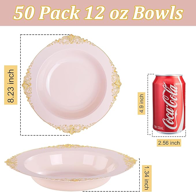 Nervure 50PCS Pink Plastic Bowls with Gold Rim - 12oz Disposable Soup Bowls, Heavy Duty Salad Ice Cream Bowl Perfect For Weddings, Parties and Everyday Use