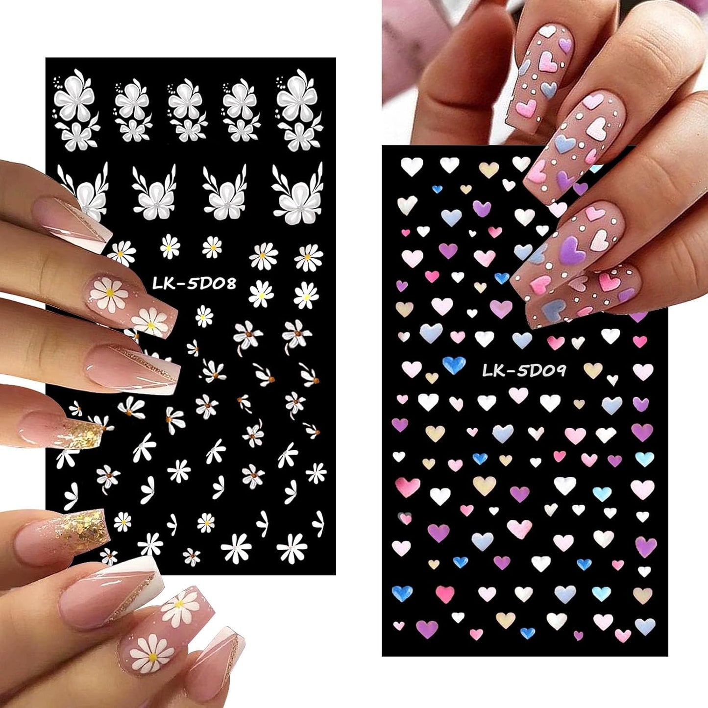 Flower Nail Art Stickers Decals 5D Embossed Nail Decals Spring Summer Nails Design Self-Adhesive Supplies Accessories 3D Flower for Women Nails DIY Decoration(6 Sheets)-BrightBean Baby