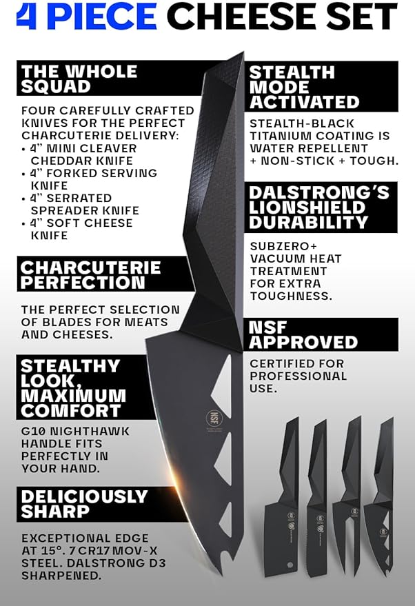 DALSTRONG Cheese Knife Set - 4-Piece - Shadow Black Series - Black Titanium Nitride Coated - High Carbon - 7CR17MOV-X Vacuum Treated Steel Cheese Knives Set - Sheath - Soft Hard Cheese - NSF Certified