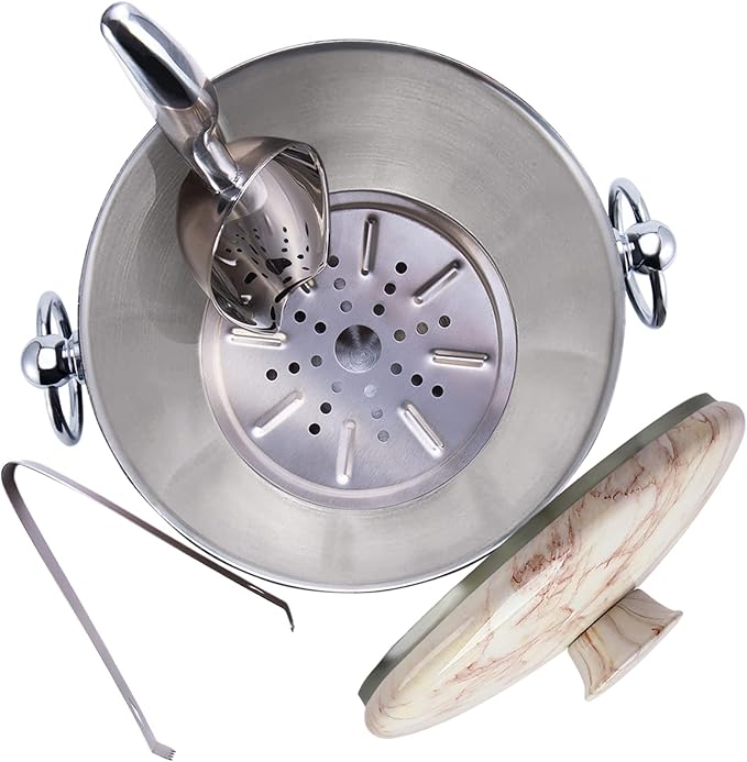 Ice Bucket with Lid, Scoop, Tongs and Strainer - Well Made Insulated Stainless Steel Keep Ice Frozen Longer - Ideal for Cocktail Bar, Parties, Chilling Wine, Champagne - 3 Liter (CarraraMarble)