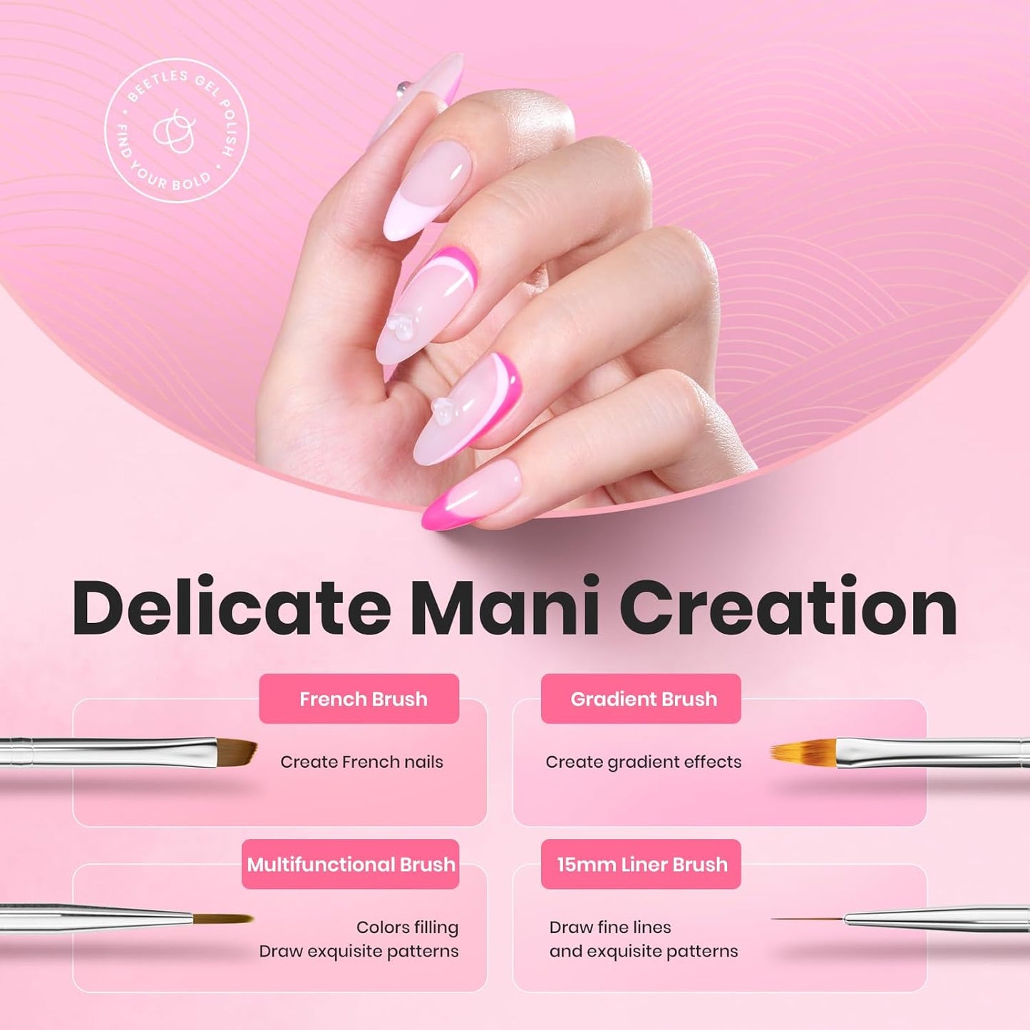 Beetles Nail Art Brushes, 6 Pcs Fingernail Art Design Pens, Pink Handle French Tip Ombre Clean Up Nail Brush Set for Gel Polish with Palette DIY Manicure Tools Gift for Women-BrightBean Baby