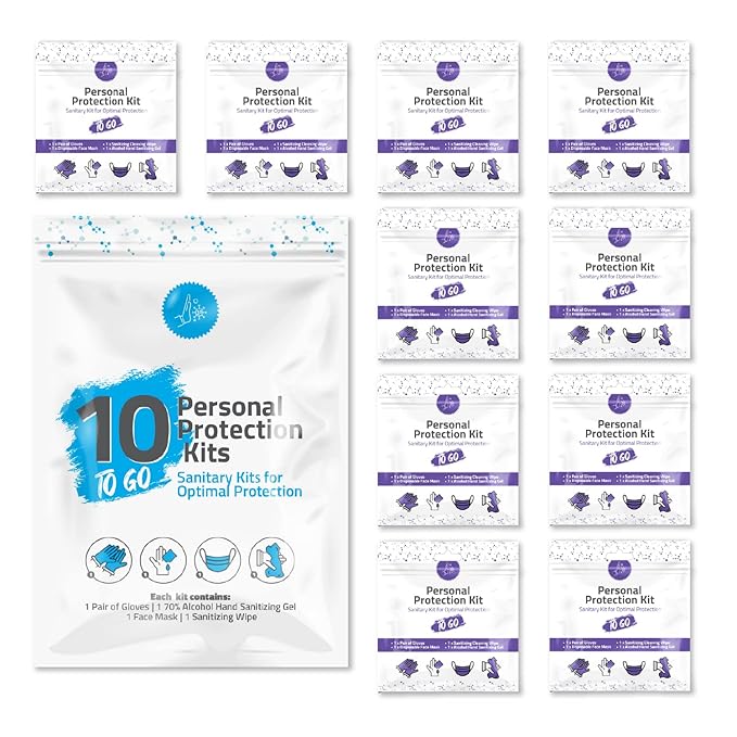 Personal Protection Kit TO GO, Mini 4 Item PPE Kit for travel and school | Includes 1 Each of Face Covering, Gloves, Cleansing Wipes & Hand Cleansing Gel | 10 - Pack (Purple)-BrightBean Baby