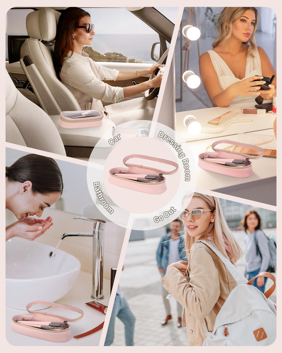 Clear Travel Makeup Brush Holder, Leather Makeup Brush Toiletry Bag, Portable Cosmetic Brush Case, Transparent Waterproof Makeup Brush Storage Bag, Pink-BrightBean Baby