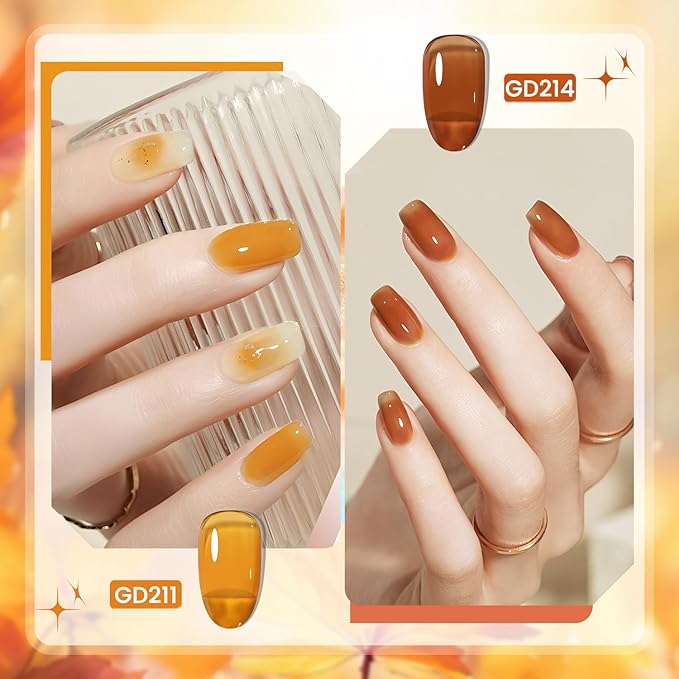 JODSONE 6 Colors Gel Nail Polish Set Fall Collection Jelly Effect Soak Off Need U V LED Gel Polish Set Autumn Mauve Brown RedSalon-Quality DlY Home Manicure-BrightBean Baby