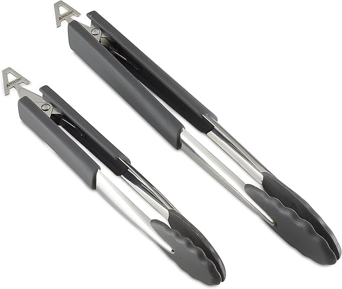 Anolon SureGrip Dishwasher Safe Nonstick Locking Cooking Tongs Set/Salad Serving Tools, 9 Inch and 12 Inch, Graphite Gray
