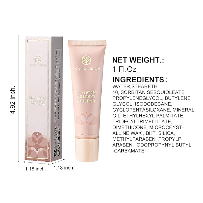 YOUNG VISION Full Coverage Longwear Foundation, Matte Finish, Waterproof, Poreless Liquid Foundation Makeup, 1 Fl Oz (Pack of 2)-BrightBean Baby