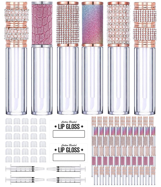 AMORIX 72pcs 5ml Diamond Lip Gloss Tubes With Wand - Empty Rhinestone Containers, Crystal Bottles, Supplies Kit - 4 Syringes + Labels for DIY Base-BrightBean Baby