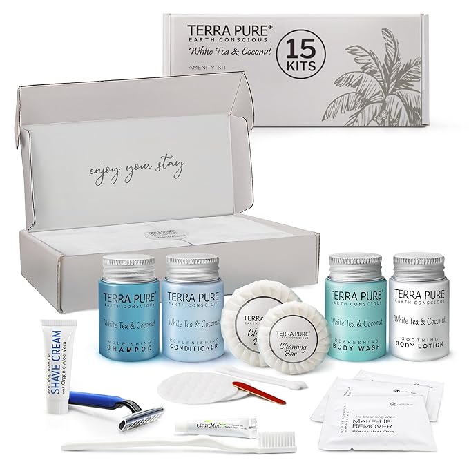 Terra Pure White Tea & Coconut Amenity & Accessory Kit |1oz Travel Size Shampoo, Conditioner, Lotion, Body Wash, 2 Cleansing Bars, Shave & Dental Sets, Make-Up Remover Wipes, & Vanity Kit | 15 Boxes-BrightBean Baby