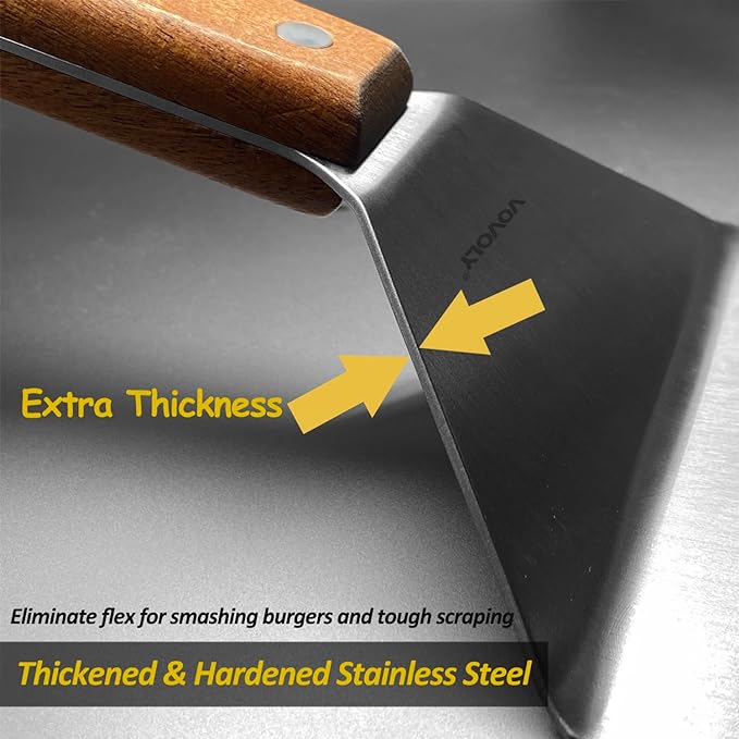Extra Wide Spatula, Large Metal Spatula with Full Tang Wooden Handle & Beveled Edges for Skillets, Griddles & Grills, Pancake Flipper Turner, Smash Burgers Turner, 6 x 5-inches
