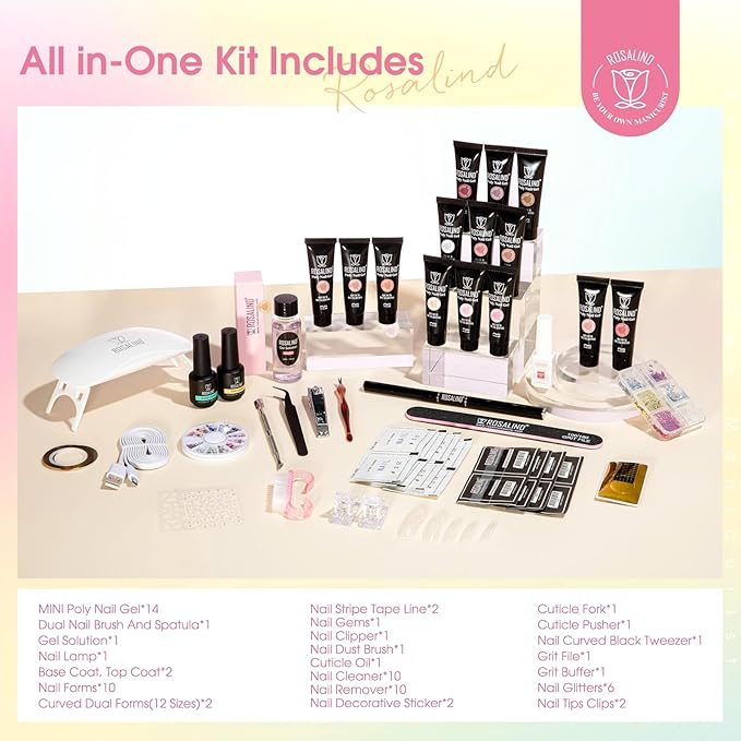 ROSALIND Poly Nail Gel Kit -14 Colors Nail Art Accessories kit Clear Nude Nail Extension Gel Starter with Slip Solution White Nude Pink Nail Extensions Gels Set with Mini UV Lamp-BrightBean Baby