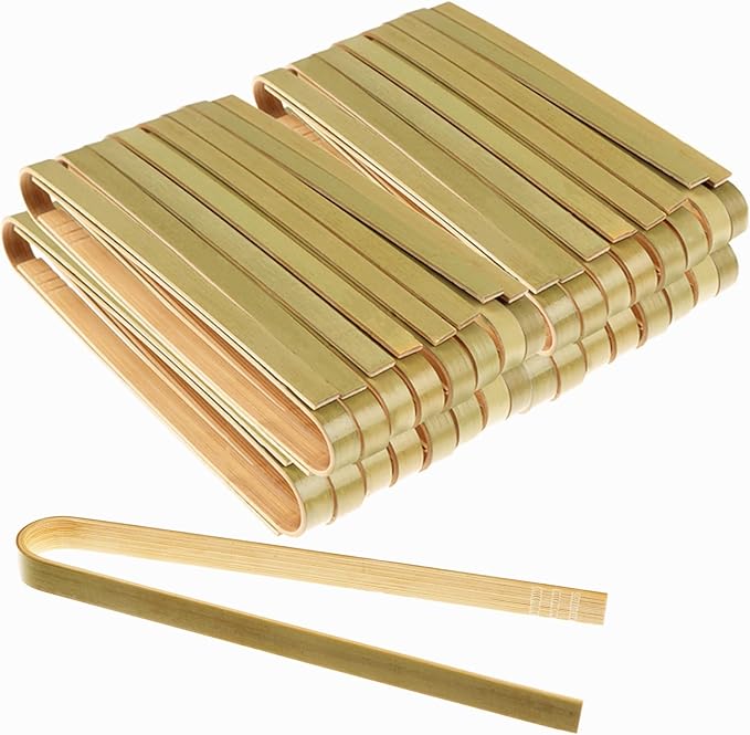 100 PCS Mini Bamboo Tongs 4 Inch Disposable Small Wooden Toaster Tongs Large Cooking Utensils Catering Buffet Long Toast Tong for Toasts Bread Pickles Tea Home Use