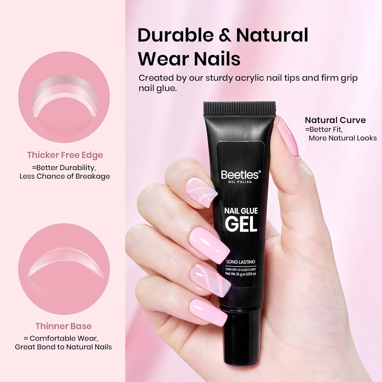 Beetles Gel Nail Kit Short Square with Nail Dehydrator and Primer, 576Pcs Half Matte Etch-X Gel Nail Tips Solid Nail Glue Mini Nail Lamp Acrylic Nail Tips Easy DIY Nail Extension Set Gift for Women-BrightBean Baby