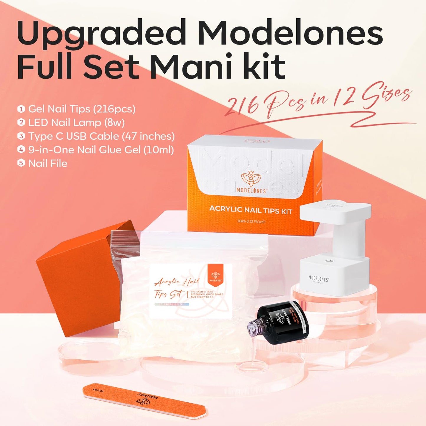 modelones Medium Oval Gel Nail Tips Kit, 9-in-One Nail Glue with Portable U V Lamp 216Pcs 12Sizes Pre-Etched Round Press ons Fake Acrylic Extension Kit DIY Salon Gift for Women-BrightBean Baby