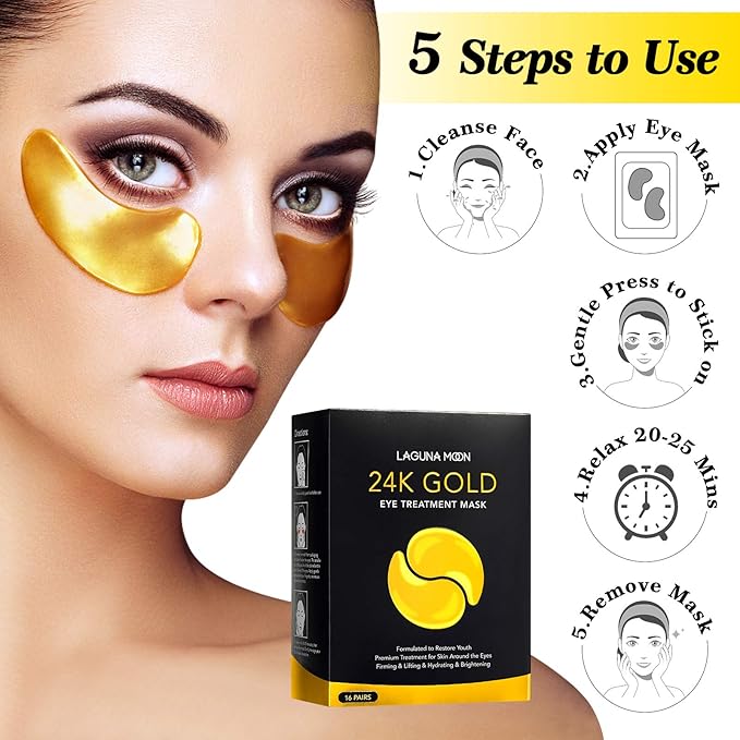 24K Gold Eye Mask, Anti-Aging Hydrolyzed Collagen and Hyaluronic Acid Under Eye Patches for Puffy Eyes & Bags, Dark Circles and Wrinkles, 16 pairs-BrightBean Baby