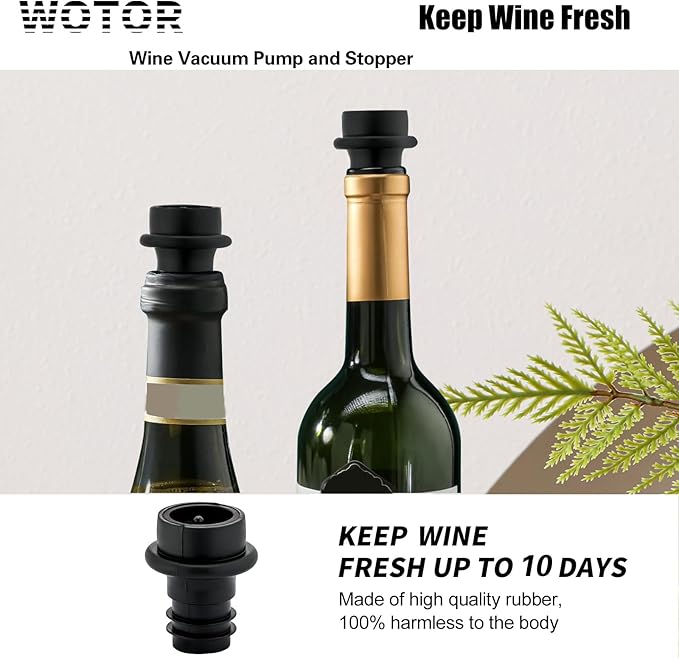 WOTOR Wine Saver Vacuum Pump with 20 Stoppers, Wine Stopper & Preserver, Reusable Bottle Sealer Keeps Fresh, Ideal Accessories Gift (Flat Handle)