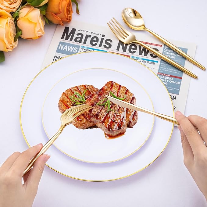 SUT 300 Pcs Gold Plastic Cutlery, Gold Utensils Disposable, Gold Plastic Silverware Set Include 100 Gold Plastic Forks, 100 Gold Plastic Spoons, 100 Gold Plastic Knives Heavy Duty Flatware for Party