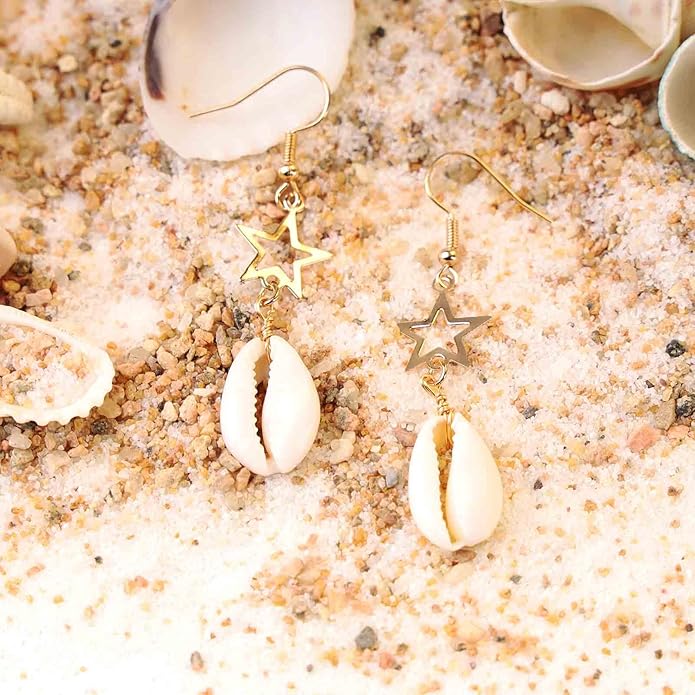 Boho Shell Drop Earrings Vintage Gold Star Shell Dangle Earrings Statement Cowrie Shell Hook Earrings Summer Beach Seashell Earrings Jewelry for Women-BrightBean Baby