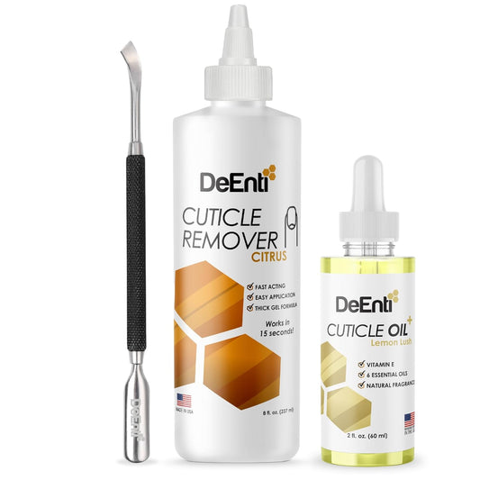 DeEnti Cuticles Maintenance Pack, Bundle Includes Citrus Scented Cuticle Remover, Cuticle Oil for Nails, and Metal Pusher Tool, Salon Grade Nail Care, Home Manicure and Pedicure Kit-BrightBean Baby