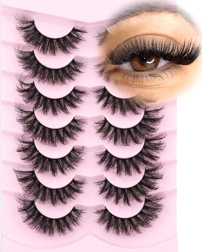 Mink Lashes Fluffy D-Curl False Eyelashes 20mm Long Volume Lashes That Look Like Extensions Cat Eye Fake Lashes Faux Mink Strip Lashes Pack 7 Pairs-BrightBean Baby