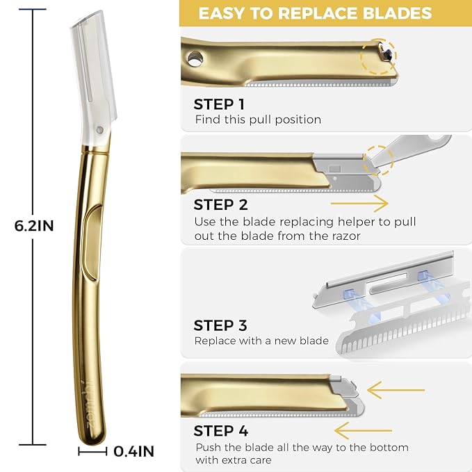 ZOMCHI Dermaplane Razor with 11 Blades for Women & Men, Eyebrow Trimmer with Protective Silicone Cap, Face Razor for Hair Removal - Matte Gold-BrightBean Baby